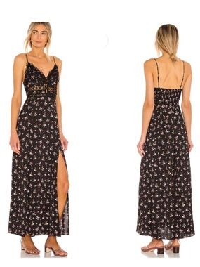 Free people intimately Black Floral Lace-Trim Maxi Slip Dress